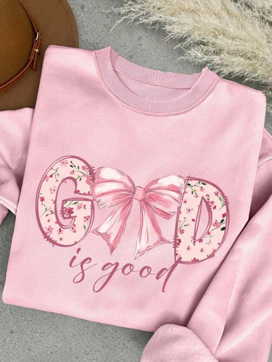 Sparklyn 少女字母蝴蝶结印花休闲圆领运动衫，秋冬，度假，夏季，旅行 - 粉色 - 查看 1