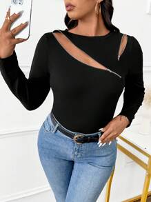 Calvaya Plus Size Women Zipper Hollow Design Slim Fit Long Sleeve T-Shirt For Spring - Black - View 6