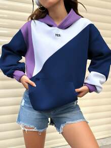 SHEIN Unity Sudadera con capucha casual sencilla de mujer con estampado de letras, manga larga y parches de unicolor