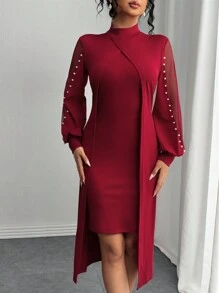 EMERY ROSE 1 pieza Vestido elegante de mujer con cuello redondo y contraste de malla, vestido largo para otoño, ropa de mujer para el otoño - Rosa Fucsia - Ver 3