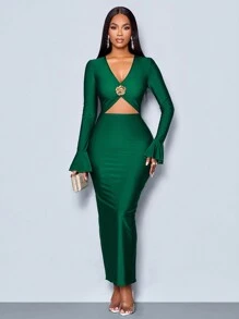 SOLERSUN Winter Clothes For Women Holiday Clothes Christmas New Years Green Color V Neck Openwork Cut Out Front Ruffle Long Sleeve Long Dress Maxi Women Outfit