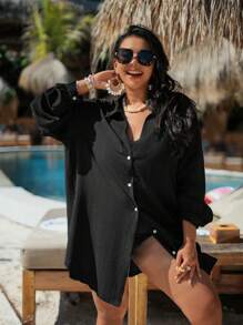 SHEIN X Sofía Suescun Swim Vcay Cardigan lungo con maniche lunghe e bottoni con riga singola, per taglie comode, adatto per vacanza e spiaggia estiva