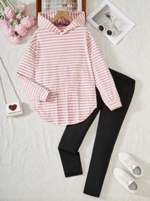 2pcs Teen Girl Striped Minimalist Hooded Long Sleeve Top And Pants Set