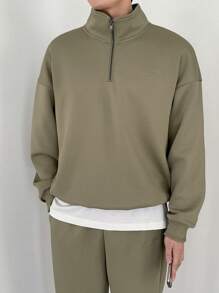 DAZY Men's Solid Color Drop Shoulder Quarter Zip Pullover & Sweatpants Casual Set, Autumn, Cozy Outfits - Green - View 3