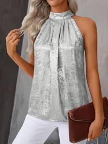 SHEIN Clasi Women's Casual Halter Sleeveless Top, Minimalist Fashion, Suitable For Daily Wear - Silver - View 5