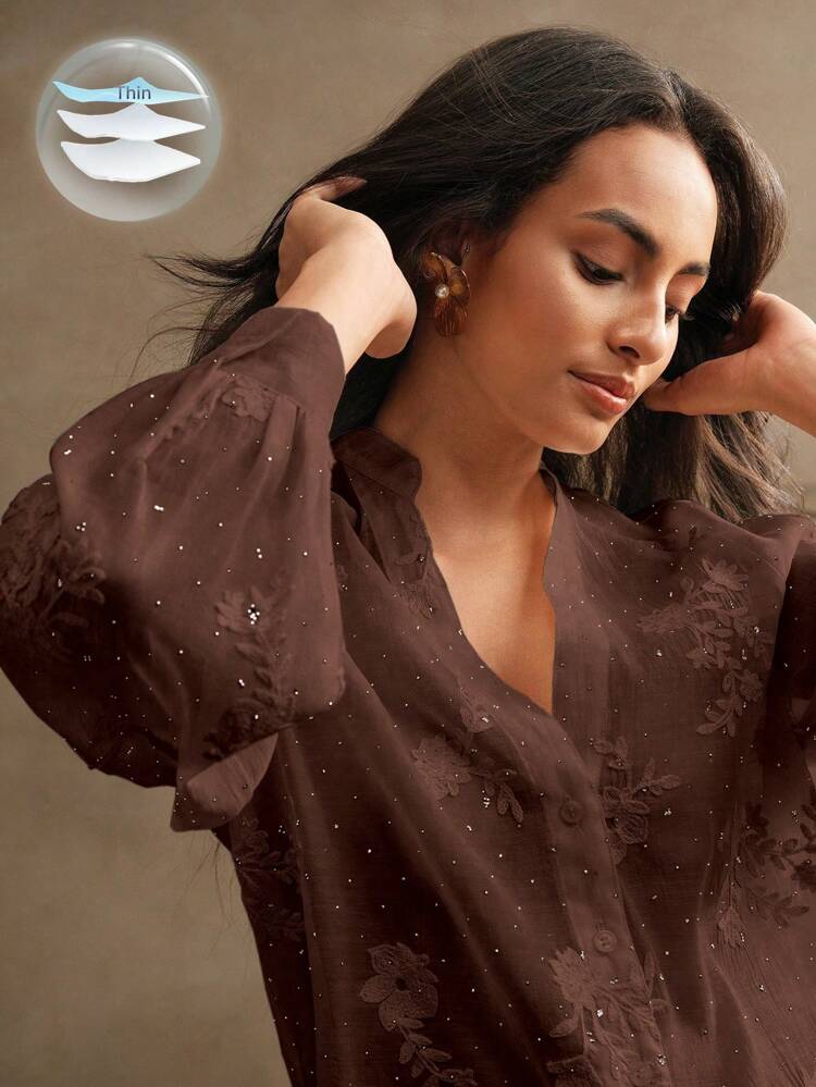 V-Neck Lantern Sleeve Rhinestone Embroidery Vintage Vacation Shirt