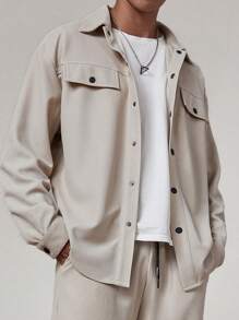 Manfinity Hypemode 年轻男士休闲纯色卡其色华夫格纹理精致宽松落肩纽扣仿口袋翻盖长袖衬衫，浅卡其色，秋冬搭配，外出，送给男朋友的礼物 - 杏色 - 查看 3