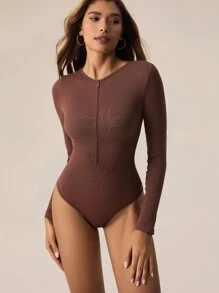 Lifespree Seamless & Stretchy Women Simple Fashion Casual Everyday Zipper Bodysuit - Brown - View 4