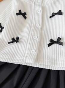 SHEIN 2 件套女婴厚实保暖日常休闲可爱 3D 蝴蝶结领上衣夹克和百褶裙套装，黑色和白色，妈妈精选柔软面料，适合圣诞节、新年、生日 - 黑色 - 查看 3