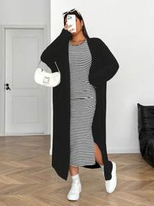 SHEIN EZwear 大码女式长款黑色开衫搭配无袖条纹连衣裙 - 黑與白 - 查看 4