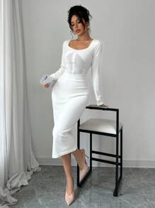 Calvaya Women's Autumn Square Collar Slim Fit Solid Sweater Dress