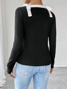 Chiquease Áo len dài tay cổ tròn phối màu, họa tiết bướm, kiểu dáng thường ngày, thích hợp mặc mùa thu/đông. - màu đen - Xem 2