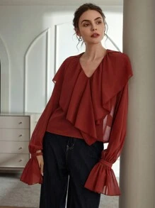 Aveloria Rosie Blusa de mujer con cuello de volantes de gasa, escote en V y manga larga, para fiestas y vacaciones
