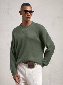 AKNOTIC Business Casual Men's Knit Crew Neck Pullover Long Sleeve Casual Sweater, Fuzzy Texture Coffee Brown, Suitable For Everyday Wear, Logo Print