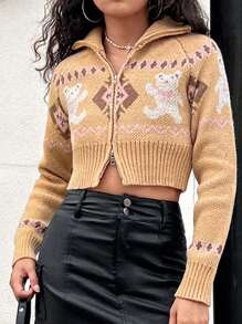 SHEIN Y2K Vintage Jacquard Pattern Contrast Color Dual Zipper Short Knitted Cardigan For Teenage Girls, Autumn/Winter