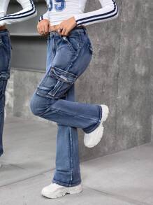 SHEIN 少女 Y2K 高腰翻盖口袋侧喇叭腿工装牛仔裤，春夏季时尚