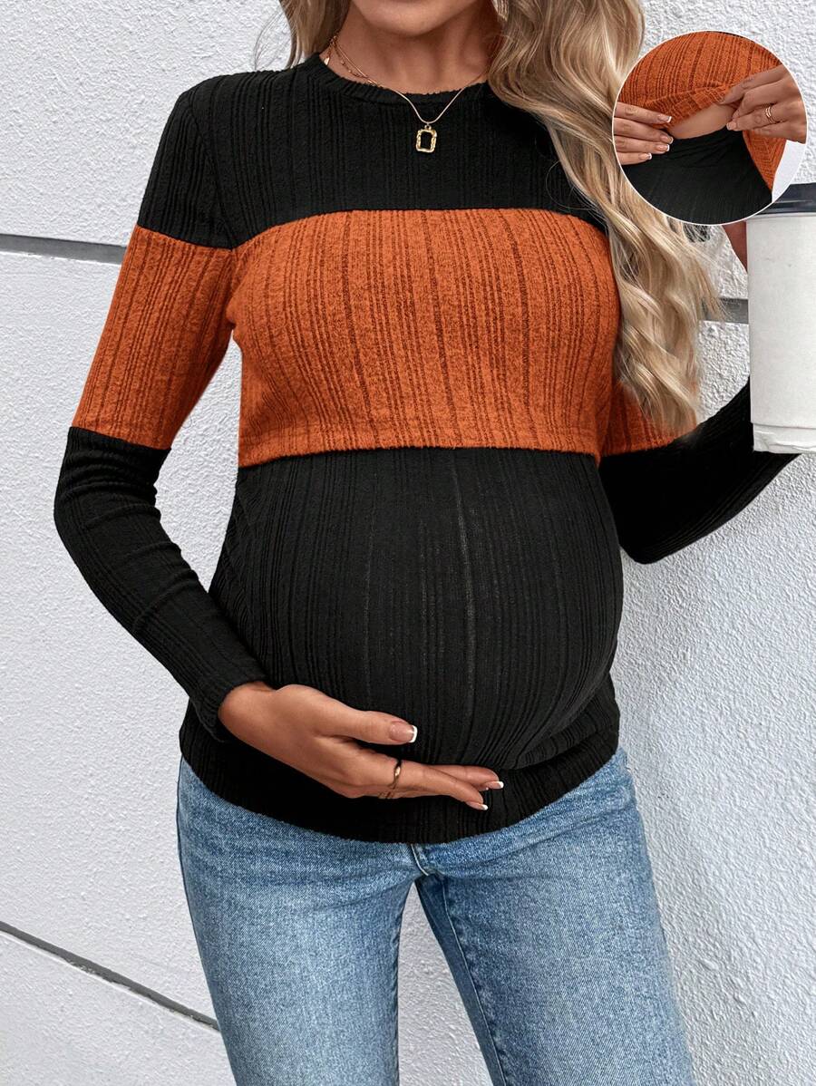 SHEIN Plus Size Maternity Colorblock Long Sleeve Nursing Top, Casual Wiosna/Jesień Ciąża Odzież
