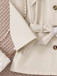 PrepCrw Young Girls' Khaki Plaid Detachable Bow/Adjustable Belt Woven Loose Front Button Trench Coat, Autumn/Winter