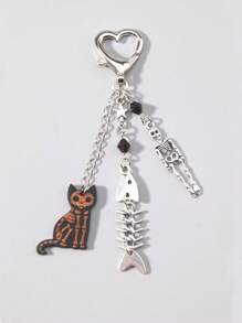 ROMWE Goth 哥特星、鱼骨、黑猫串珠吊坠钥匙扣、手机壳链、包包饰品、男女独特朋克风格配饰、节日礼物