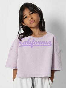 SUMWON Tween Girls Crop Fit Washed Tee With Front Graphic Print - Purple - View 1