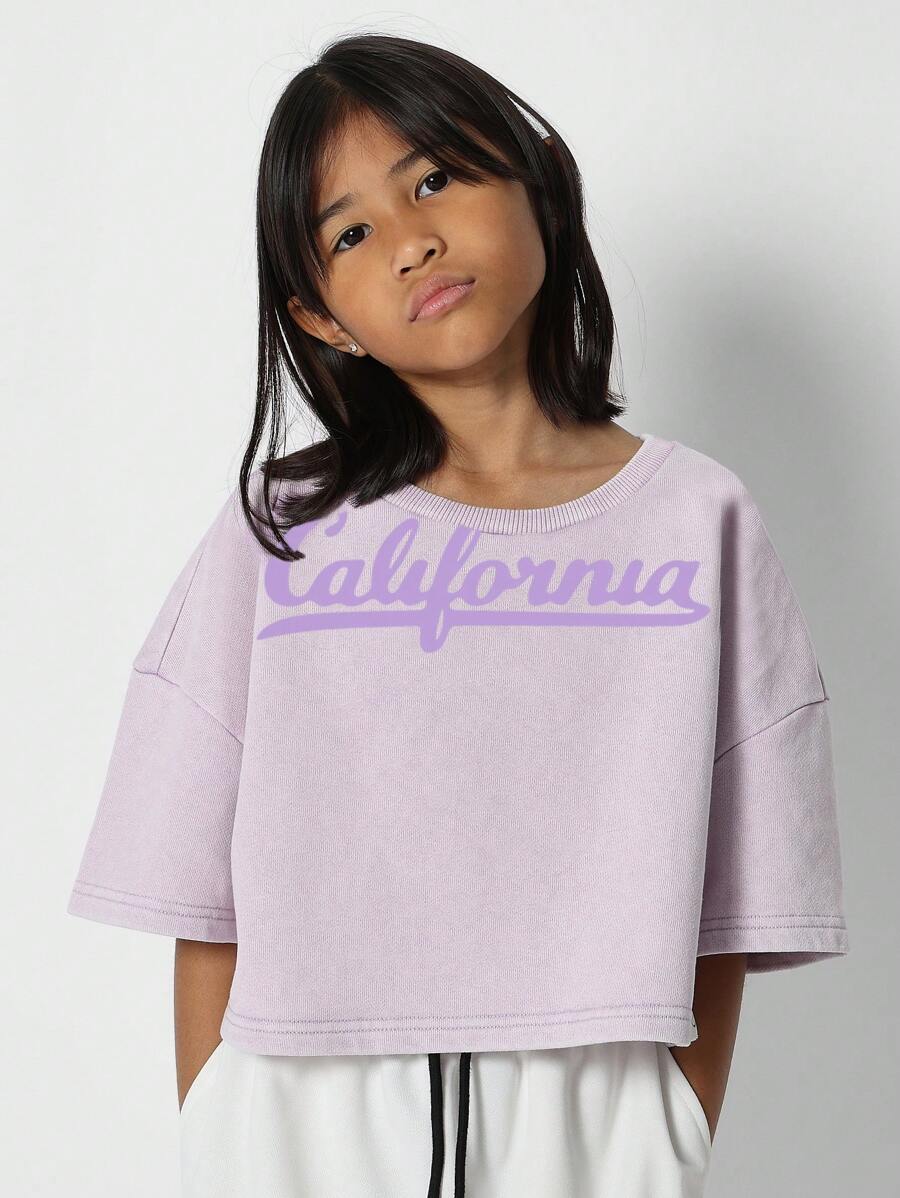 SUMWON Tween Girls Crop Fit Washed Tee With Front Graphic Print - Purple - View 1