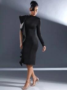 Hauture Haute Ruffle Detail Midi Fall Christmas Party Dress Long Sleeve Going Out Date Night Girl's Night Out Sophisticated Dress Little Black Dress Holiday Dress