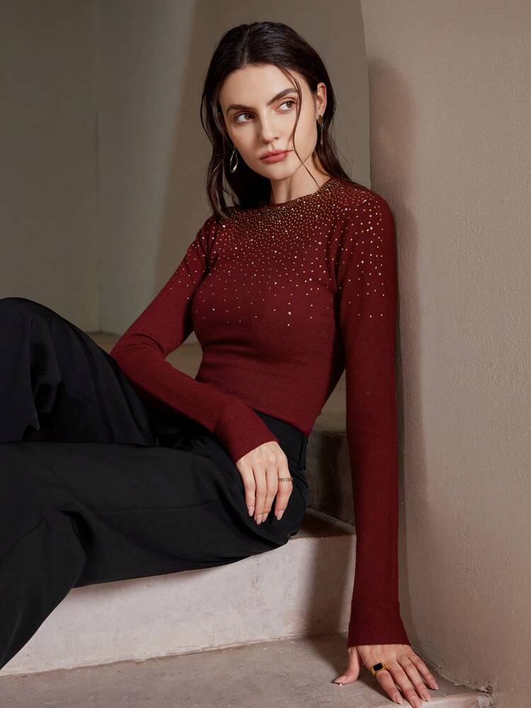 Women's Elegant Slim Fit Rhinestone Embellished Sweater, Casual Everyday Wear, Autumn/Winter Knit Pullover Fall