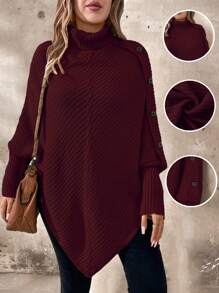 SHEIN LUNE Suéter casual de cuello alto de unicolor de manga larga con botones, suéter de punto de invierno de otoño en talla grande