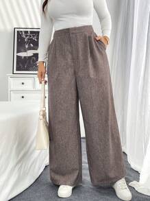 SHEIN Essnce 大码女式秋季正式夏季商务休闲优雅长裤 专业时尚休闲优雅通勤口袋裤，正装裤 - 卡其色 - 查看 4