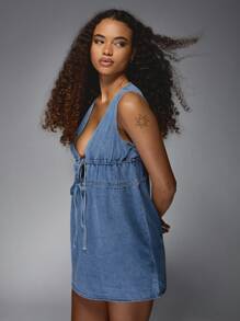 MISSGUIDED Casual V Neck Ruched Mini Denim Dress Drawstring Waist Summer Fall Festival Boho Mini Dress Sleeveless Beach Resort Wear - Light Wash - View 6