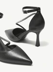 CUCCOO CHICEST Women's Black PU Rhinestoned Anklet Pointed Toe Stiletto High Heel Shoes, Elegant For Commute, Date, Party And Shopping Valentine's Day - Black - View 5