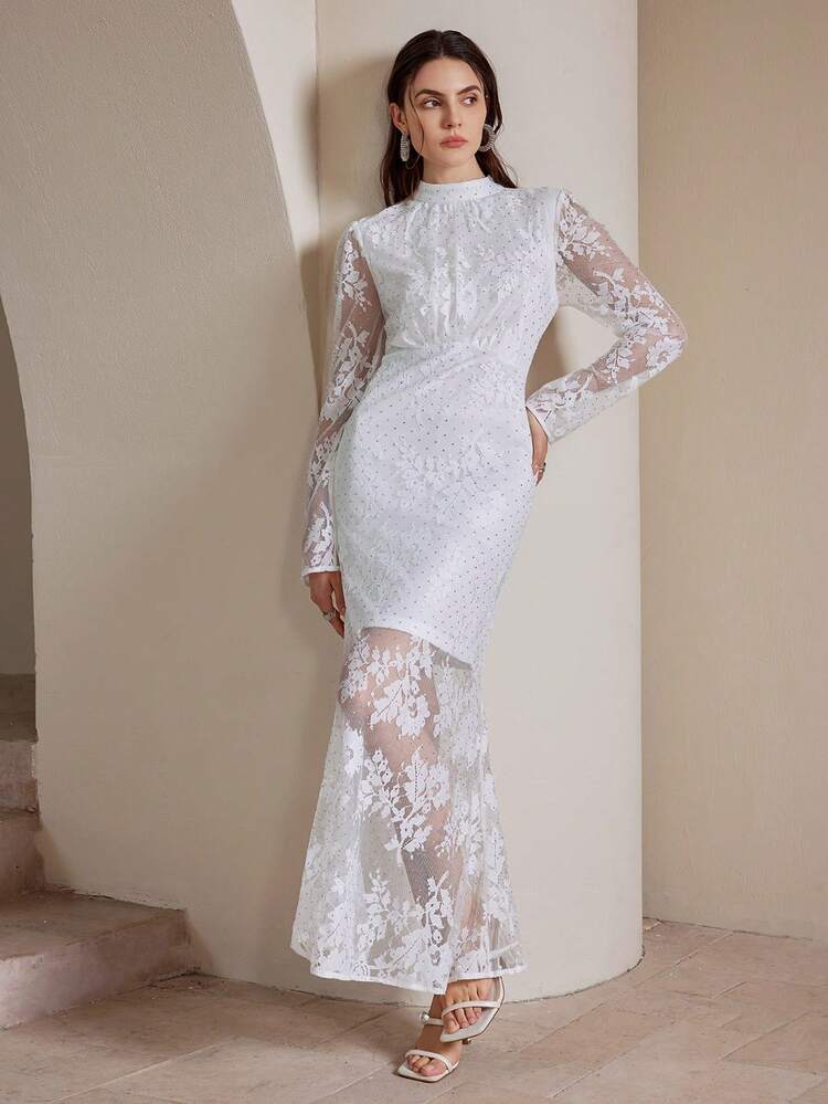 Women's White Crystal Embellished Puff Sleeve High Neck Ruched Lace Evening Party Dress For Holiday Party Clothes Maxi Women Outfit