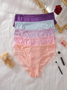 Teen Girl Plain Color Lace Patchwork Simple Briefs, Casual Everyday Wear , 5 Pcs - Multicolor - View 4