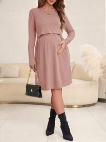 SHEIN 孕妇休闲纯色圆领长袖哺乳连衣裙，带罗纹细节，秋季