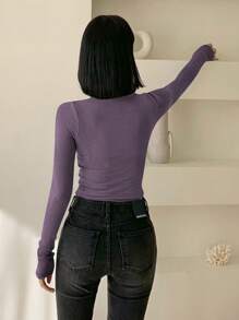 DAZY Áo thun nữ cổ lọ tay dài ôm vừa vặn màu trơn, quần áo mùa thu cho nữ - Màu tím - Xem 3