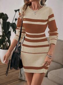 SHEIN LUNE Women's Colorblock Ribbed Knit Casual Round Neck Long Sleeve Sweater Dress