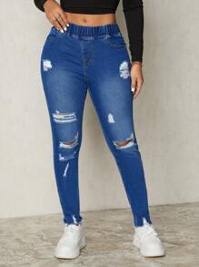 SHEIN SXY 女士纯色破洞紧身口袋牛仔裤，休闲百搭