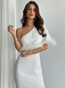 Firerie Elegant Romantic Sexy White Asymmetric Satin Feather Bodycon Party Dress, Autumn/Winter New Arrival - White - View 5