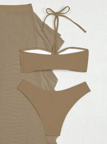 SHEIN Swim Conjunto de 3 piezas de traje de baño de verano con parte superior tipo halter sin espalda sin aros, bikini de unicolor y pantalones cortos con elástico en la cintura y volantes - Café integral - Ver 3