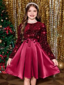 SHEIN Váy xếp nếp vải tuyn sequin sáng bóng cho bé gái tuổi mới lớn, màu đỏ, phù hợp cho dịp Giáng sinh - Đỏ - Xem 8