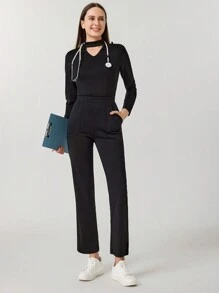 TaskEZ 女士黑色长袖锁眼领上衣和高腰直筒裤手术服套装