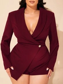 SHEIN BAE Plus Size Fall Button Detail Wrap Romper Elegant Sexy Jumpsuit - Burgundy - View 5