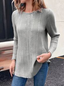 EMERY ROSE Vrouwen Eenvoudige Effen Kleur Ronde Hals Lange Mouw Geribbelde Gebreide Top, Casual Dagelijkse Kleding