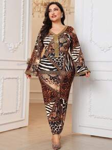 Al Najma Plus Size Women Leopard Print V-Neck Elegancka marszczona obcisła sukienka, Eleganckie dopasowane sukienki Jalabiya Maxi, Na wieczorne przyjęcie/wesele/rocznicę