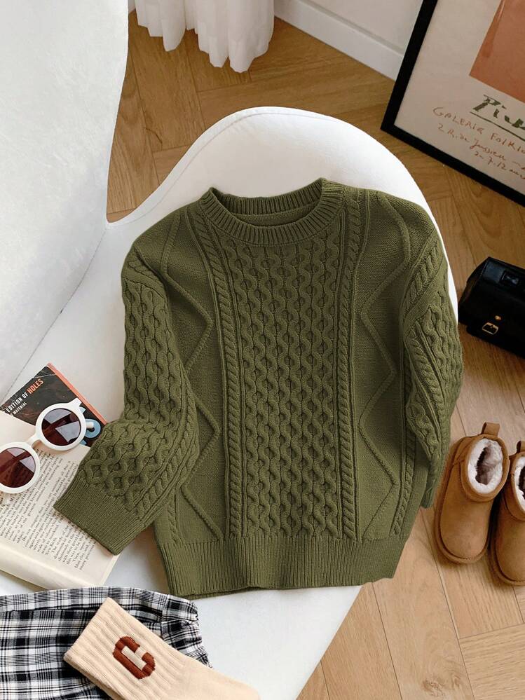 Kids Young Boys Crew Neck Long Sleeve Cable Knit Sweater, Cozy Warm Knitted Pullover Suitable For Commuting, School, Casual, Party, Outdoor Activities - Army Green - View 6