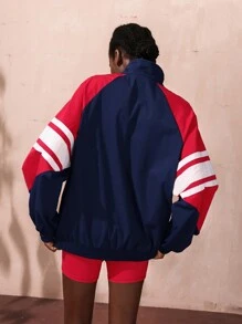VARSITIE Chaqueta deportiva informal suelta de mujer con estampado de rayas y contraste de colores - Azul - Ver 2