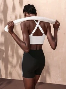 VARSIVA White High Elasticity Ribbed Letter Screenprint Criss-Cross Back Sports Bra - White - View 2