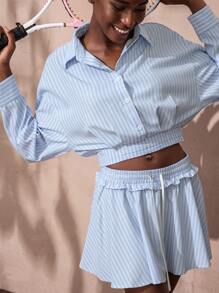 VARSITIE Striped Long Sleeve Cropped Shirt Low Rise Lace Mini Women Sports Sets Tennis Skirt Settennis Outfitco Ords Sets Women