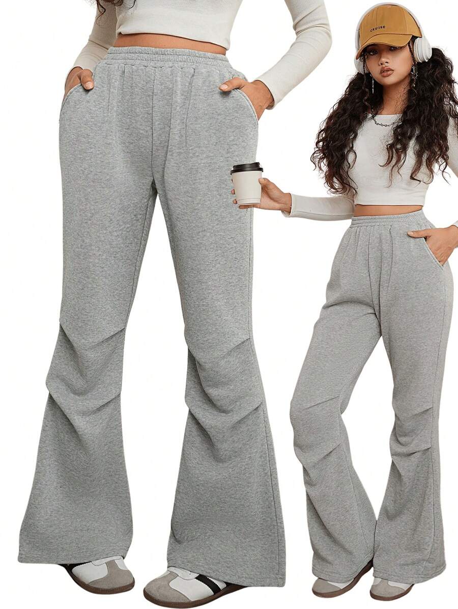 SHEIN Teen Girls' Casual Fashionable American Chic Gray Flare Pleat Sweatpants - Light Grey - View 1