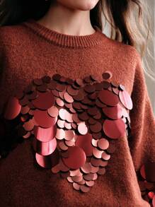 Anewsta Handcraft Beaded & Sequin Decorated Elegant Pullover Sweater Knit Pullover Fall Winter Outfit - Burgundy - View 2